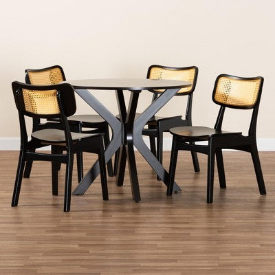 Baxton Studio Linnet Mid-Century Modern Wood and Rattan 5-Piece Dining Set