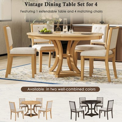 5-Piece Retro Dining Set with Extendable Round Table and 4 Upholstered Chairs