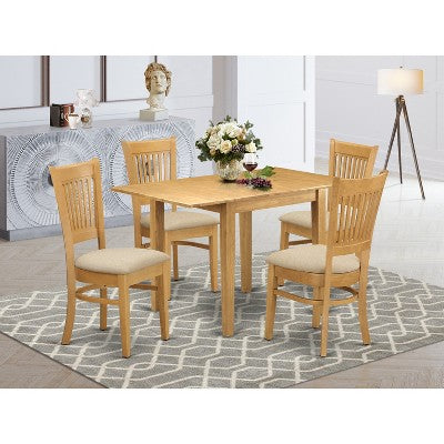 HomeStock Belmont 5Pc Dinette Set for Small Spaces Includes a Dining Room Table and 4 Dinette Chairs with Linen Fabic Seat and Slat Back, Oak Finish