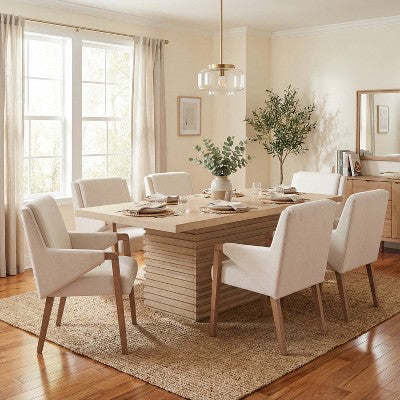 Christopher Knight Home Selena 7 Piece Mid-Century Modern Upholstered Dining Chairs with Rectangle Table