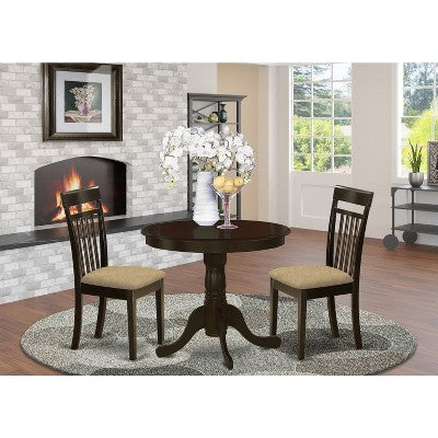 Kitchen Dining Table Set - Wooden Chairs - Cappuccino Finish Table - Linen Seat - Small Round Table