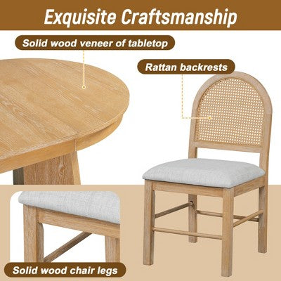 GDFStudio Harper 5 Piece Dining Set with Extendable Table and Upholstered Rattan-Back Chairs