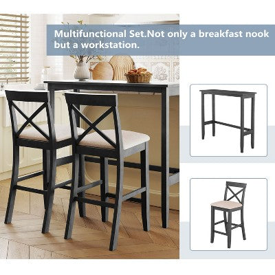 3-Piece Farmhouse Bar Height Dining Table Set Kitchen Breakfast Nook Counter Height Dining Set Small Dinette with 2 Cushioned Chairs-HABITRIO