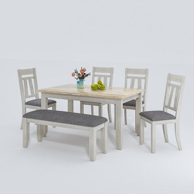 VECELO 6-Piece Wooden Dining Table Set, Dining Table with 4 Armless Upholstered Dining Chairs & Bench for Kitchen, Rubber Wood Legs, Gray