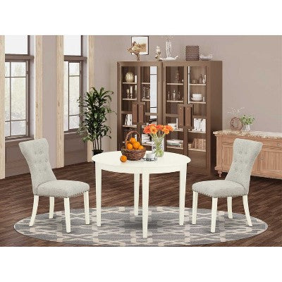 Round Dinette Set - 3 Piece Kitchen Table & Chairs - Linen White Finish - Modern Parson Design