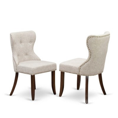 HomeStock Belmont 3 Piece Dining Table Set 1 Kitchen Table and 2 Doeskin Linen Fabric Kitchen Chair Button Tufted Back , Nail Heads - Mahogany Finish