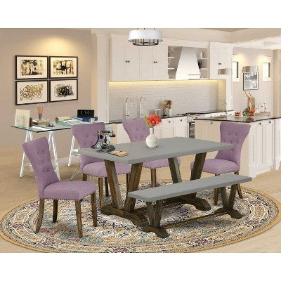 HomeStock 6-Pc Rectangle Distressed Jacobean Finish Solid Wood Top Dining Table with 1-Bench, 4-Chairs