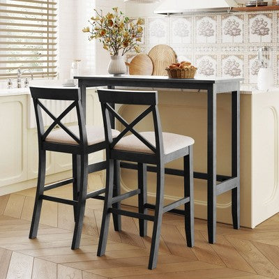 3-Piece Farmhouse Bar Height Dining Table Set Kitchen Breakfast Nook Counter Height Dining Set Small Dinette with 2 Cushioned Chairs-HABITRIO