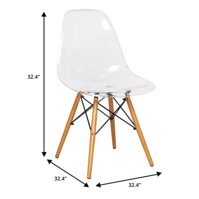 LeisureMod Dover 3-Piece Dining Set  31 Round Clear Glass Bistro Table with 2 Acrylic Chairs with Wooden Dowel Legs, Modern Kitchen, Dining Room