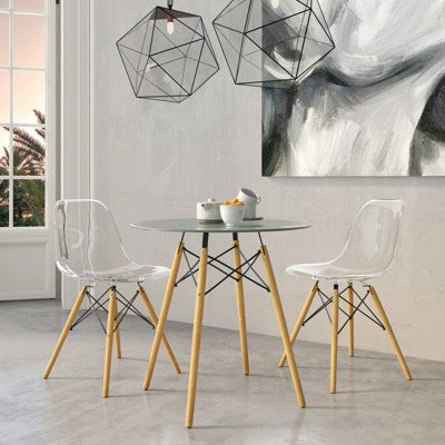 LeisureMod Dover 3-Piece Dining Set  31 Round Clear Glass Bistro Table with 2 Acrylic Chairs with Wooden Dowel Legs, Modern Kitchen, Dining Room