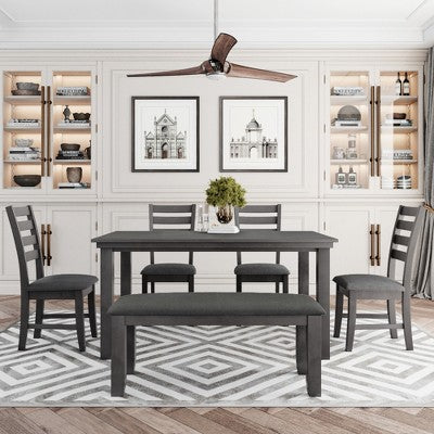 Farmhouse Kitchen Dining Table Set for 6, Wood Rectangle Table and 4 Upholstered Chairs & Bench