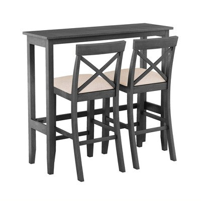 3-Piece Farmhouse Bar Height Dining Table Set Kitchen Breakfast Nook Counter Height Dining Set Small Dinette with 2 Cushioned Chairs-HABITRIO