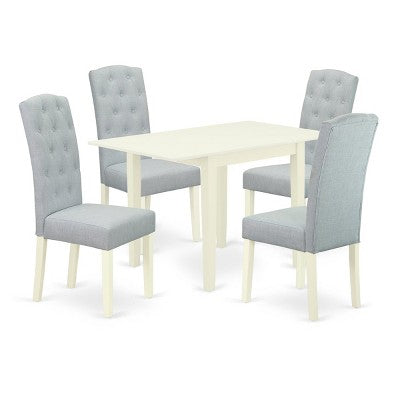 HomeStock Belmont Dining Set 5 Pc - 4 Chairs For Dining Room and a wood dining table - Linen White Finish Solid wood - Baby Blue Color Linen Fabric