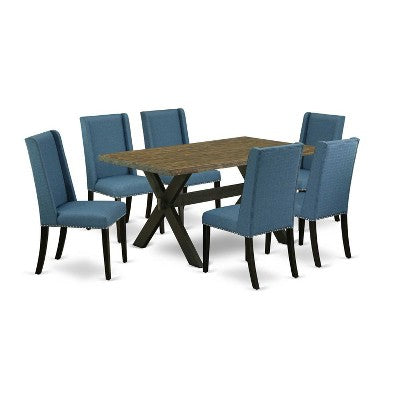HomeStock 7-Piece Rectangle Distressed Jacobean Finish Solid Wood Top Dining Table with 6 Chairs