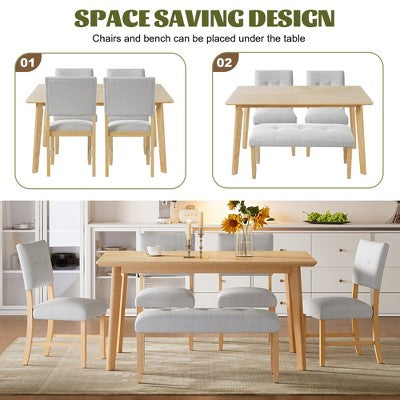 6 Piece Wood Dining Room Table Set, Dining Room Rectangular Table with 4 Upholstered Chairs and Bench