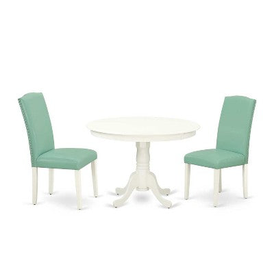 Round Dining Table Set 3pc - 42 Table & 2 Parsons Chairs - Modern PU Leather & Linen White Legs