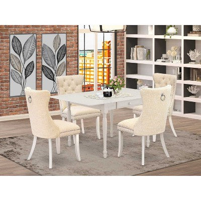 5-Piece Linen White Finish Solid Wood Top - Rectangular Upholstered Dining Room Set - (Seats-4)
