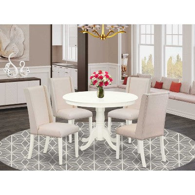 HomeStock 5-Piece Linen White Finish Solid Wood Top Dining Table with 4 Parson Chair