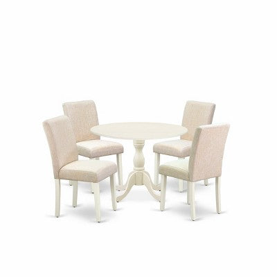 HomeStock Belmont 5 Piece Modern Dining Table Set 1 Drop Leaves Dining Table and 4 Light Beige Linen Fabric Dining Room Chairs - Linen White Finish