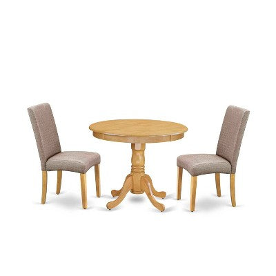Medieval Round Dining Set - 3 Piece Table & Chair Set - Oak Finish - Dark Khaki Linen Fabric - Cozy Dining