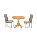 Medieval Round Dining Set - 3 Piece Table & Chair Set - Oak Finish - Dark Khaki Linen Fabric - Cozy Dining