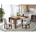 HomeStock Belmont 5-Pc Modern Dining Table Set- 4 Dining Chairs , Wood Dining Table - Grey Linen Fabric Seat , High Chair Back (Antique Walnut Finish)