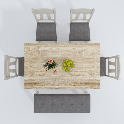 VECELO 6-Piece Wooden Dining Table Set, Dining Table with 4 Armless Upholstered Dining Chairs & Bench for Kitchen, Rubber Wood Legs, Gray