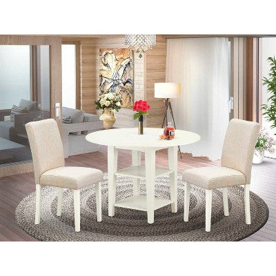 Round Dining Table Set 3pc 20/42 Inch Table w/ 2 Linen Chairs - Beige Fabric