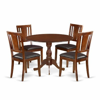 HomeStock 5-Piece Mahogany Finish Solid Wood Top Dining table with 4-Chairs with Drop Leaf Lattice Back