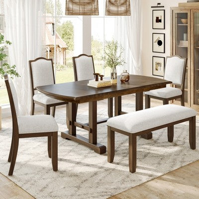 Farmhouse Extendable Dining Table Set for 6, 7 Pieces Wood Expanding Kitchen Table Set with 6 Upholstered Chairs