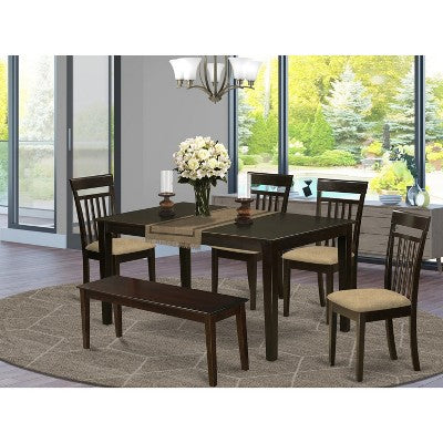 Vintage Kitchen Dining Set - 6 Piece Table & Chairs - Linen Fabric Bench - 36x60 Inch Cappuccino