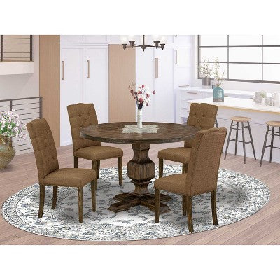 HomeStock 5-Piece Distressed Jacobean Finish Solid Wood Top Dining Table with 4 Parson Chair
