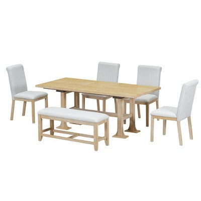 Farmhouse 6-Piece Extendable Dining Table Set with Removable Leaf and Upholstered Dining Chair and Bench 4W - ModernLuxe
