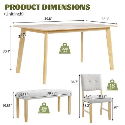 6 Piece Wood Dining Room Table Set, Dining Room Rectangular Table with 4 Upholstered Chairs and Bench