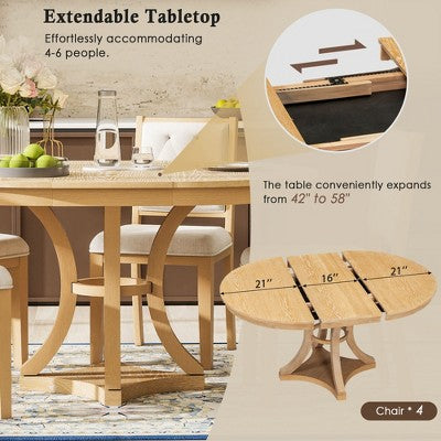 5-Piece Retro Dining Set with Extendable Round Table and 4 Upholstered Chairs