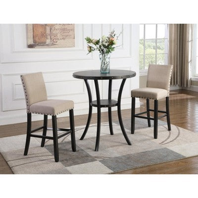 Biony 3-Piece 36 Round Espresso Finish Bar Table with 2 Tan Fabric Nail Head Pub Chairs
