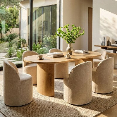 Dining Table Set for 6, Oval 79 Table and Chenille Fabric Armless Barrel Chairs with Casters, Perfect for Kitchens-Panipeachy