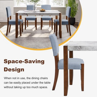 5-Piece Dining Table Set with 46-Inch Faux Marble Table and 4 Upholstered Chairs, Rubberwood Legs, for Dinette