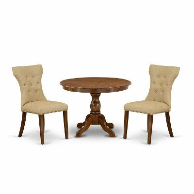 3-Piece Acacia Walnut Finish Solid Wood Top - Button Tufted Dining Room Set - Seats 4