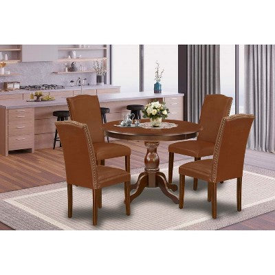 5-Piece Round Mahogany Finish Solid Wood Top Dining Table with 4 Parson Chair with