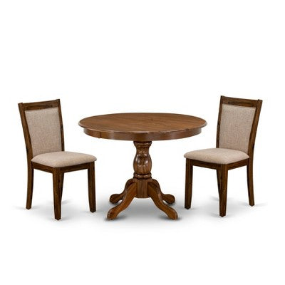 HomeStock Round Dining Table Set Antique Walnut Linen Chairs