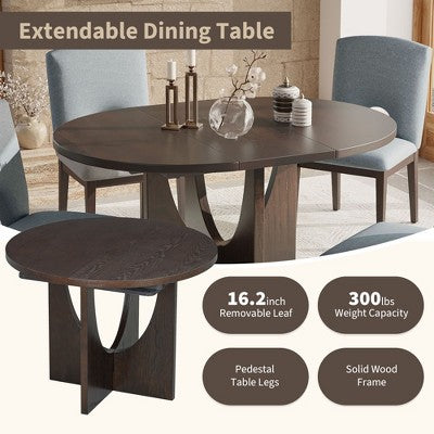 5 Pieces Extendable Round Dining Table Set for 4, Modern Kitchen Dining Table with Removable Leaf and 4 Upholstered Chairs for Dining Room