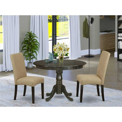 Round Dining Table Set 3pc - 42 Table & 2 Parson Chairs - Cappuccino Finish - Linen Fabric - Home Dining Room