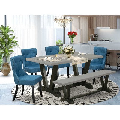HomeStock 6-Piece Natural Oak Finish Solid Wood Top dining Table with 1-Bench and 4-Chairs