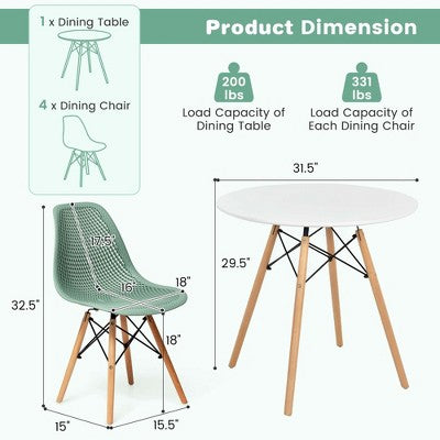Costway 5 PCS Dining Table Set for 4 Persons Modern Round Table & 4 Chairs with Wood Leg Green/White
