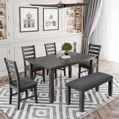 Farmhouse Kitchen Dining Table Set for 6, Wood Rectangle Table and 4 Upholstered Chairs & Bench