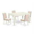 Rectangle Kitchen Dining Table Set - 5pc Table & 4 Chairs - Linen White Legs - Light Beige Fabric