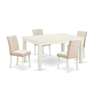 Rectangle Kitchen Dining Table Set - 5pc Table & 4 Chairs - Linen White Legs - Light Beige Fabric