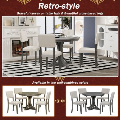 Round Dining Table Set for 4, 5 Pieces Retro Kitchen Table Set with 4 Upholstered Chairs