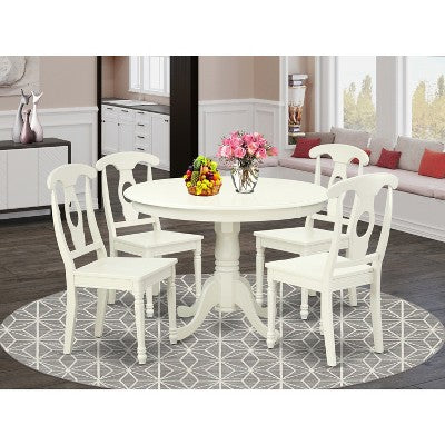 HomeStock Belmont 5PC Round 42 inch Table and 4 Panel Back Chairs, Linen White